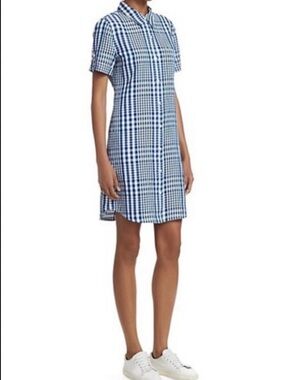 Theory Blue Gingham Short-Sleeve Mini Shirt Dress